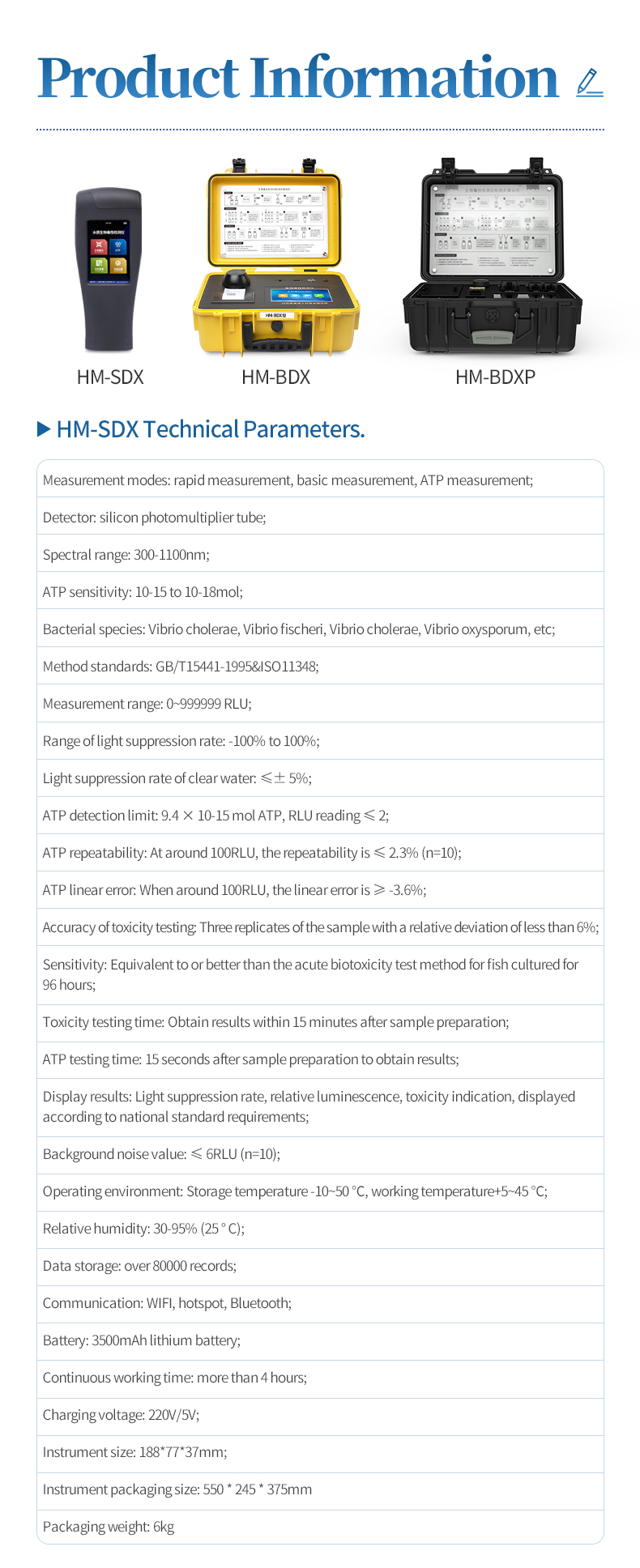 Product information three models overview with HM-SDX detailed technical specifications table