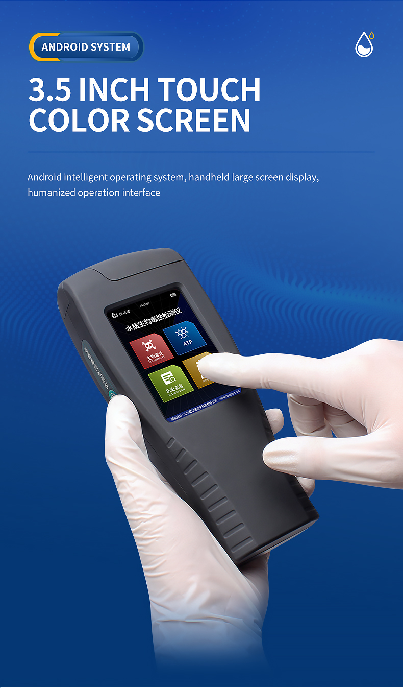 Gloved hand operating Android touchscreen interface on handheld toxicity detector in field