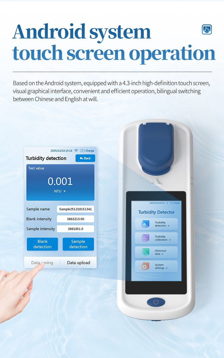 Field operator using turbidity meter touchscreen for on-site drinking water quality measurement