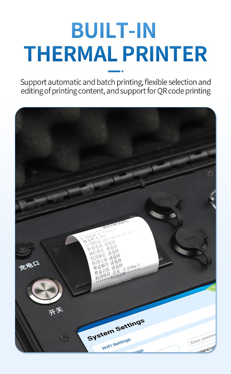 Thermal printer producing field test report with timestamp and sample identification for compliance records