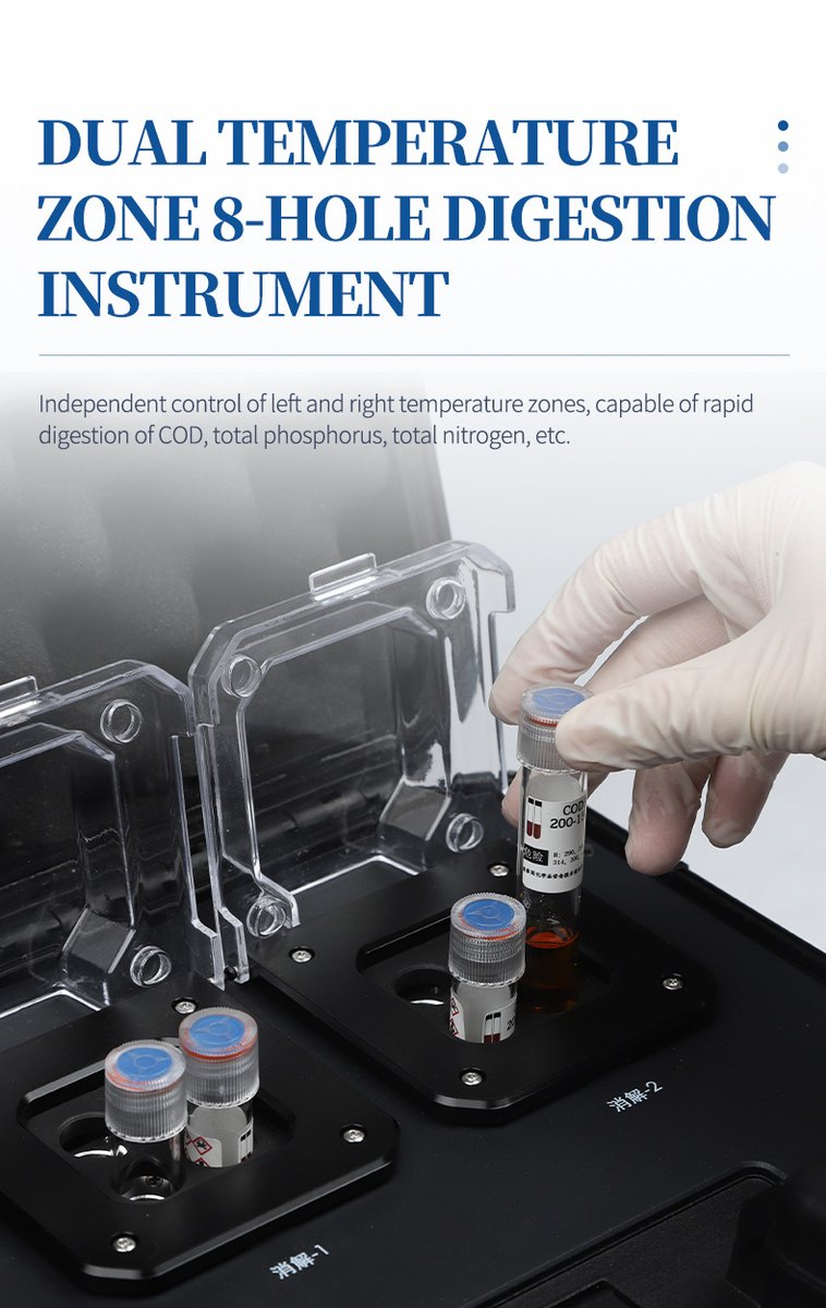 Eight-vessel dual-temperature digestion unit processing phosphorus and COD samples under protective covers