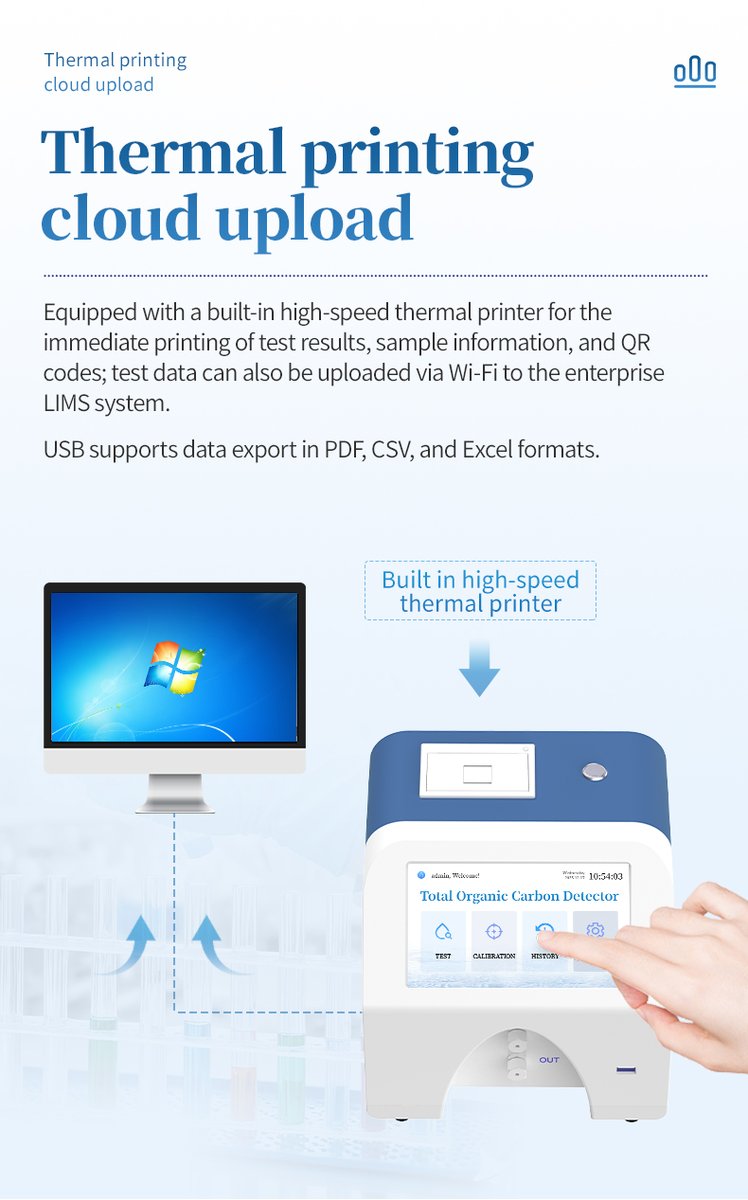 Built-in high-speed thermal printer with Wi-Fi LIMS cloud upload and multi-format USB data export
